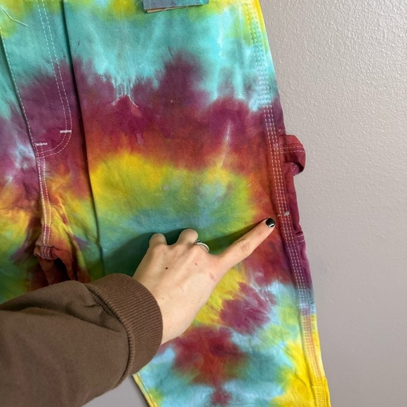Upcycled Men's Rainbow Tie Dye Dickies Cargo Painter Jeans 30x30 Festival Rave - Picture 11 of 11